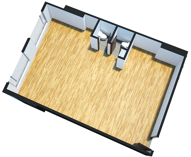 OMEGA Oficina Tipo 2: de 84m2, 2 baños al interior, ventanas con vista al exterior.