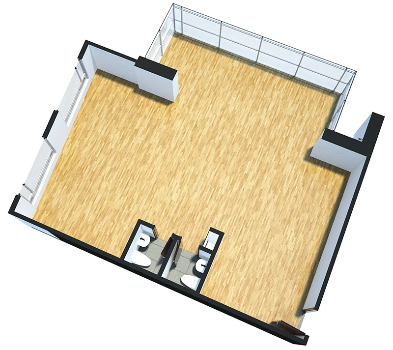 OMEGA Tipo 3: Oficina de 111m2, 2 baños al interior, ventanal con amplia vista al exterior.