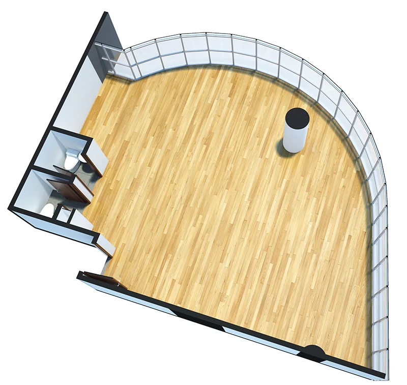 OMEGA Tipo 4: Oficina de 93m2 esquinera, 2 baños al interior, ventanas con vista al exterior.