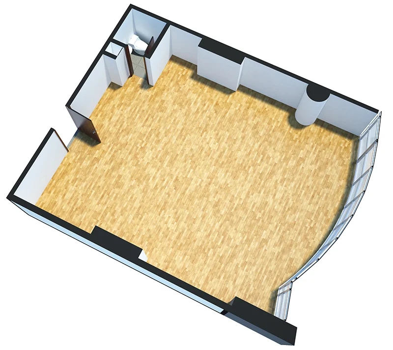 OMEGA Tipo 5: Oficina de 75m2, 1 baño interno y ventanal.