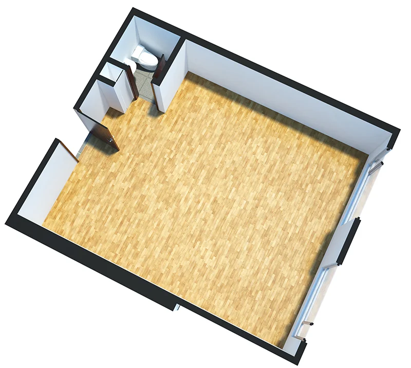 OMEGA Tipo 6: Oficina de 48m2, 1 baño y 2 ventanas.