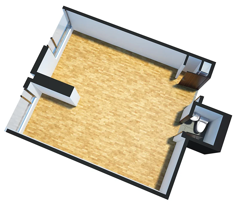 OMEGA Tipo 8: Oficina de 46m2. 1 baño y 2 ventanas.