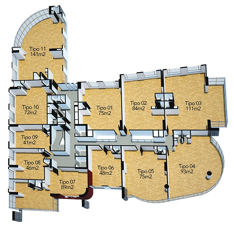 Planta Baja: Locales comerciales 2 Locales comerciales, sala de reuniones, hall, sala de espera, ingreso principal.